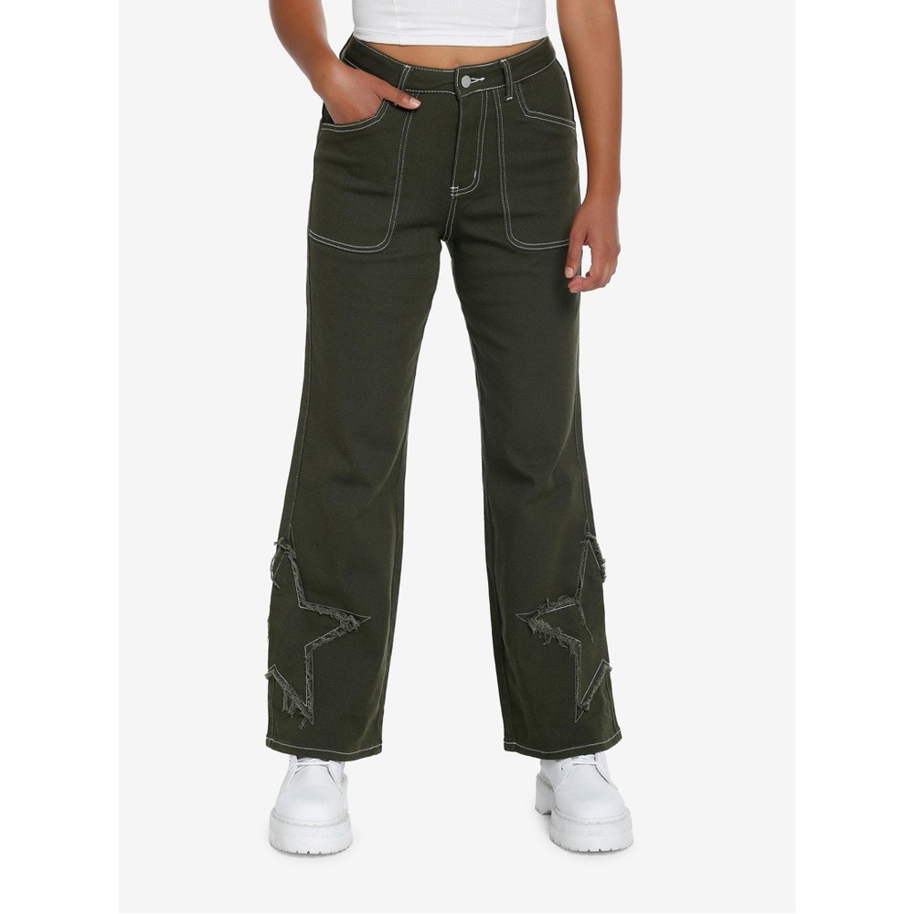 Hot Topic Green Star Patch Straight Wide Leg Pants Jeans Size 9